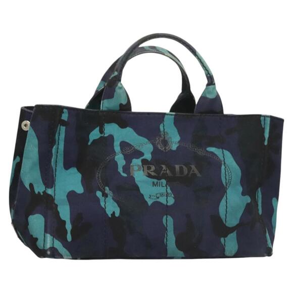 PRADA Canapa MM Hand Bag Canvas Blue Silver Camouflage - Picture 1 of 9